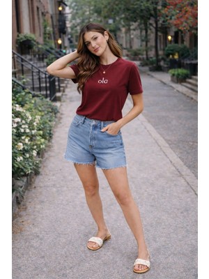 Şık ve Mutlu Basic Bisiklet Yaka Nakış Işleme T-Shirt