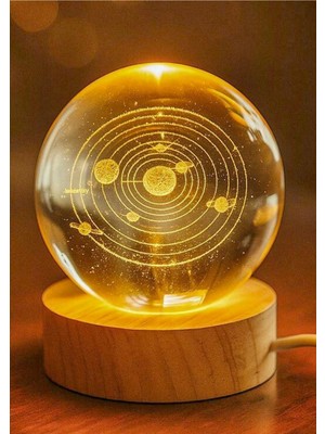 Allians 3D Kristal Gezegenler LED Işıklı Ahşap Standlı Gece Lambası