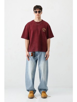 Vamos Kısa Kollu Boxy Fit Baskılı Tişört Bordo