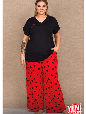 Lady Büyük Beden Kadın Viskon Pijama Takımı Yumuşak Kumaş Kalp Desenli Yazlık Rahat Ev Pijaması 11054