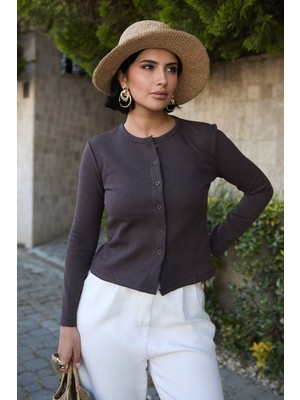 inStyle Basic Düğmeli Acı Kahve Waffle Hırka