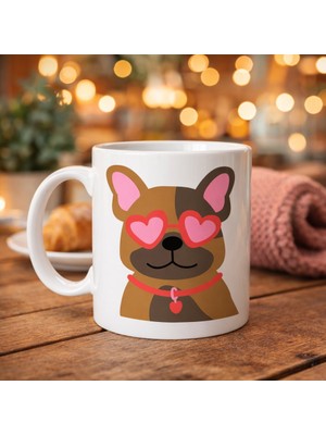 urfakent bilişim ve medya danışmanlık Sevimli French Bulldog Desenli Porselen Kupa Model 48 – Kalpli Gözlüklü Köpek Tasarımı, Hediye Kupa, Kahve & Çay Kupası