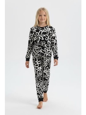Isobel Kız Çocuk Büyük Çiçek Desenli %100 Pamuk Reaktif Boyalı Süprem Kumaş Uzun Kollu Pijama Takımı Siyah