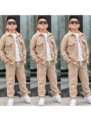 Burçak Butik Bayramlık Erkek Çocuk 3'lü Takım Fitilli Gömlek Tişört Kargo Pantolon Şık Kombin