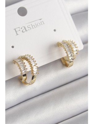 Pazarcan Pirinç Gold Renk 2'li Zirkon Taşlı Halka Model Kadın Küpe