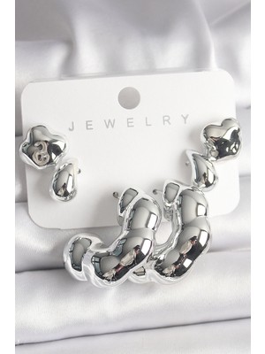 Pazarcan Gümüş Renk Yonca Damla Halka Model Ccb Plastik Kadın Küpe Seti