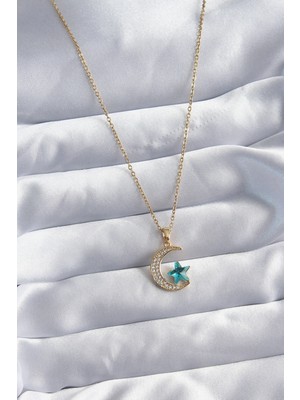 Pazarcan Çelik Gold Renk Zincir Zirkon Taş Detay Hilal Yıldızı Figür Kadın Kolye