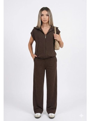 Genel Modal Kumaş Taşlı Yelekli Takım Kahverengi