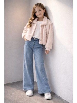 Bubiee Baby Kız Çocuk Pudra Pembe Pelüş Ceket Kısa Kollu Fitilli Body ve Jean Pantolon 3'lü Takım