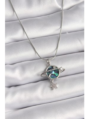 Pazarcan Çelik Gümüş Renk Zincir Zirkon Taşlı Gezegen Model Kadın Kolye