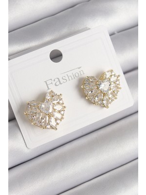 Pazarcan Pirinç Gold Renk Zirkon Taşlı Kalp Model Kadın Küpe