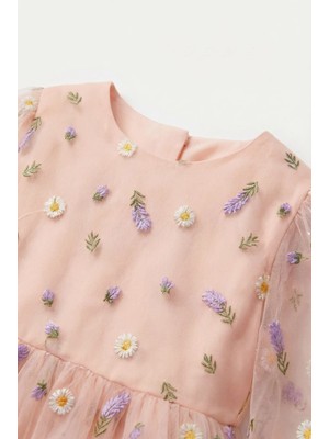 Magu Kız Çocuk Pamuklu Somon Çiçek Nakışlı Tül Elbise