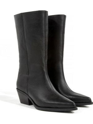 Rella Siyah  Hakiki Deri Diz Altı Kovboy Çizme - Sivri Burun Kalın Topuk Western Kadın Çizme