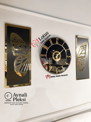 Dekoratif Salon Duvar Saati Seti 50 cm + 2 Parça 50X25 cm Aynalı Pleksi Kelebek Tablo Gold Siyah Modern Duvar Dekoru