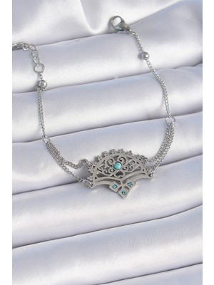 Pazarcan Çelik Gümüş Renk Taşlı Etnik Desen Kadın Bileklik