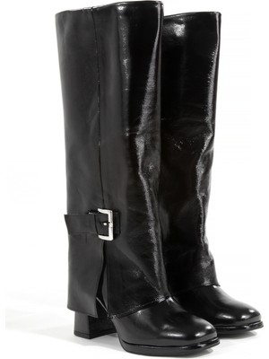 Rella Siyah Tokalı Diz Altı Kalın Topuklu Kadın Çizme - Şık Uzun Günlük Kadın Çizme