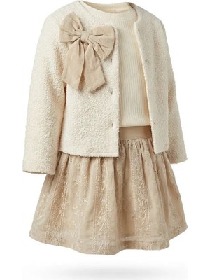 Babyrose Kız Bebek Bayramlık Elbise Takımı Fiyonklu Hırkalı Krem Renk Özel Gün Kombini