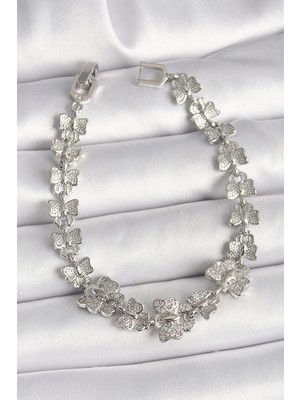 Pazarcan Pirinç Gümüş Renk Zirkon Taşlı Model Zincir Kadın Bileklik