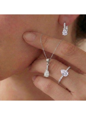 Baleno Concept 925 Ayar Gümüş Üç Sıra Işıltılı Taş Detaylı Damla Model 3'lü Takı Seti - Kolye, Küpe, Yüzük