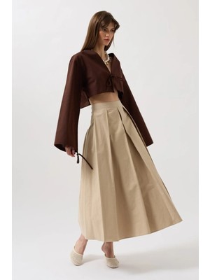 Hiccup Kadın Janes V Yaka Bağlama Detaylı Kısa Bluz Mocha Kahvesi