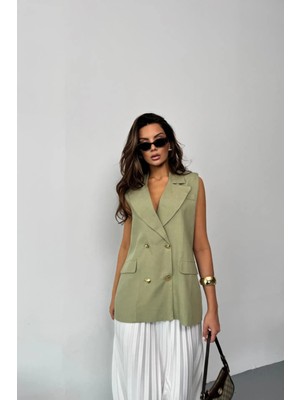 Hiccup Kadın Janes Dokulu Ceket Yakalı Kolsuz Bluz Yeşil
