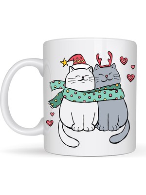 urfakent bilişim ve medya danışmanlık Sevimli Kedi Figürlü Yılbaşı Temalı Porselen Kupa Model 75 – Aşık Kediler Desenli, Sıcacık Tasarım, Kahve & Çay Kupası