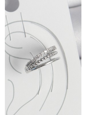 Pazarcan Pirinç Gümüş Renk Zirkon Taşlı 3'lü Sıralı Model Kadın Kıkırdak Küpe