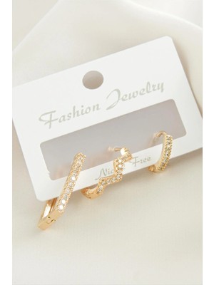 SiHako 3 Adet Zikzak Zirkon Taşlı Küpe