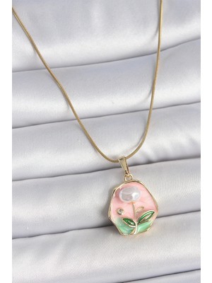 Pazarcan Çelik Gold Renk Zincir Pembe Çiçek Işlemeli Inci Detay Portre Model Kadın Kolye