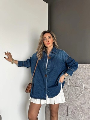 Qimya Butik Qimene Kadın Iri Düğmeli Yıkamalı Ara Boy Oversize Bol Kot Ceket