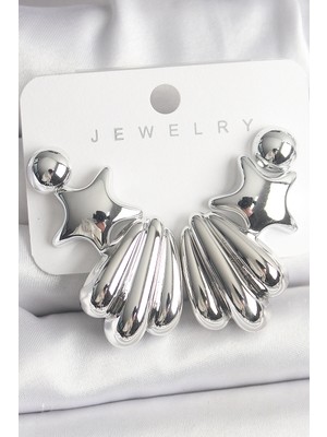 Pazarcan Gümüş Renk Yıldız Deniz Kabuğu Model Ccb Plastik Kadın Küpe Seti