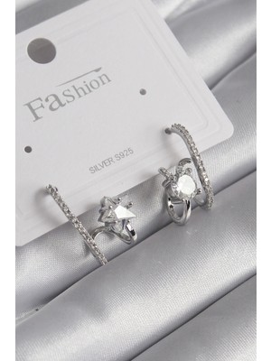 Pazarcan Pirinç Gümüş Renk Zirkon Taşlı Kadın Küpe