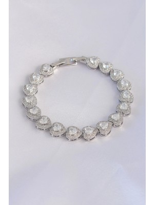 Pazarcan Vip Seri Pirinç Zirkon Taşlı Gümüş Renk Kalp Model Bileklik