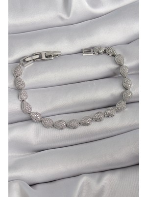 Pazarcan Pirinç Gümüş Renk Zirkon Taşlı Damla Model Vip Seri Kadın Bileklik