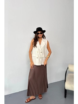 Hiccup Kadın Janes Dokulu Ceket Yakalı Kolsuz Bluz Natural