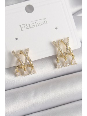 Pazarcan Pirinç Gold Renk Zirkon Taşlı x Model Sallantı Detay Kadın Küpe