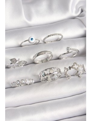 Pazarcan Pirinç Gümüş Renk Nazar Boncuk Detay Incili Işlemeli Kadın Yüzük Kombini