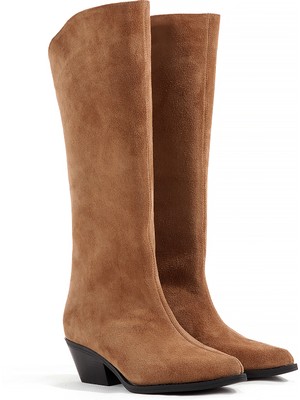 Rella Taba  Hakiki Süet Deri Diz Altı Kovboy Çizme - Sivri Burun Kalın Topuk Western Kadın Çizme