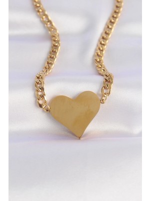 Pazarcan Çelik Zincir Altın Renk Düz Plaka Kalp Kolye