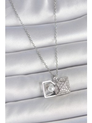 Pazarcan Çelik Gümüş Renk Zincir Zirkon Taşlı Incili Açılır Elmas Model Kadın Kolye