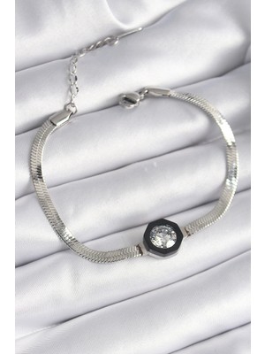 Pazarcan Çelik Gümüş Renk Zirkon Taşlı Italyan Zincir Model Kadın Bileklik