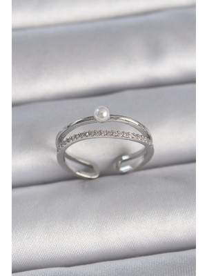 Pazarcan Pirinç Gümüş Renk Zirkon Taşlı Inci Detay Ayarlanabilir Model Kadın Yüzük