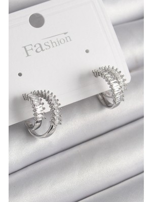 Pazarcan Pirinç Gümüş Renk 2'li Zirkon Taşlı Halka Model Kadın Küpe