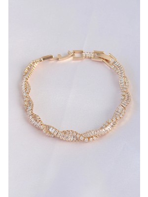 Pazarcan Vip Seri Pirinç Zirkon Taşlı Gold Renk Sarmal Model Bileklik