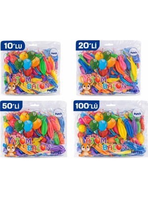 Pazarcan Renkli Atom Balon Punch Balon Lastik Ipli Parti Balonu 10 Adet