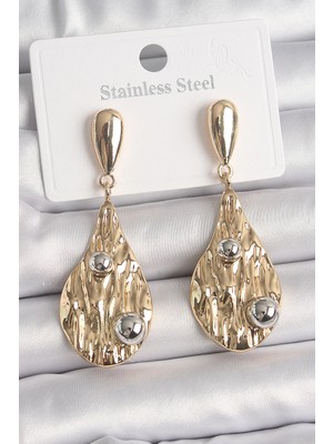 Pazarcan Pirinç Gold Renk Sallantı Damla Model Gümüş Top Detay Kadın Küpe