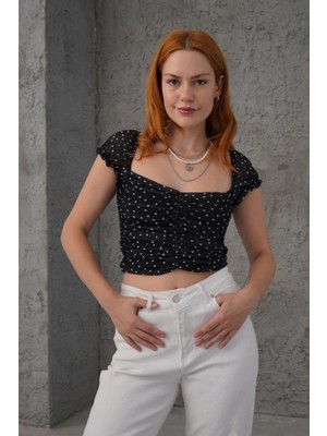 Hiccup Kadın Janes Fırfırlı Puantiyeli Kare Yakalı Kısa Bluz Siyah