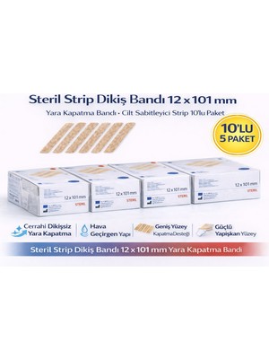NessiWorld Steril Strip Dikiş Bandı 12 x 101 mm Yara Kapatma Bandı Cilt Sabitleyici Strip 10’lu 5 Paket