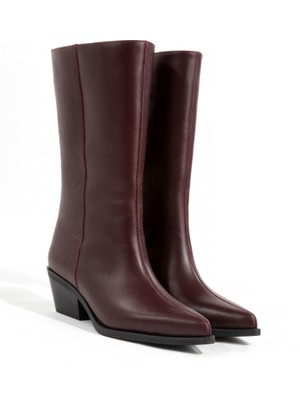 Rella Bordo Hakiki Deri Diz Altı Kovboy Çizme - Sivri Burun Kalın Topuk Western Kadın Çizme