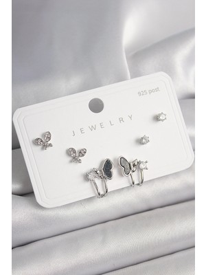 Pazarcan 925 Ayar Gümüş Çivi Pirinç Gümüş Renk Zirkon Taşlı Model Kadın Küpe Seti